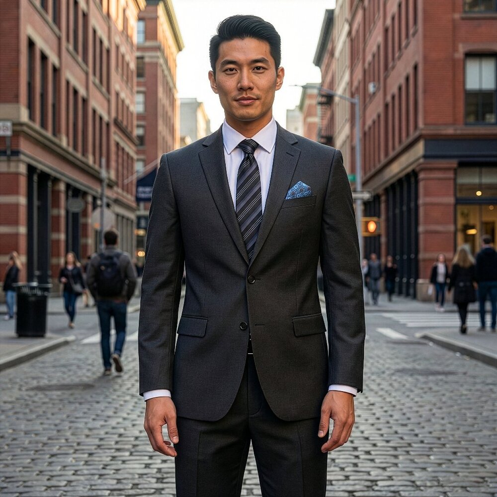 New 2026 Mens 2pc Crosshatched Sharkskin Dark Grey Suit Set, Hybrid Fit (H1)